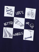 Load image into Gallery viewer, Campana Boys Pure Cotton Half Sleeves Life on Wheels Print T-Shirt - Navy Blue
