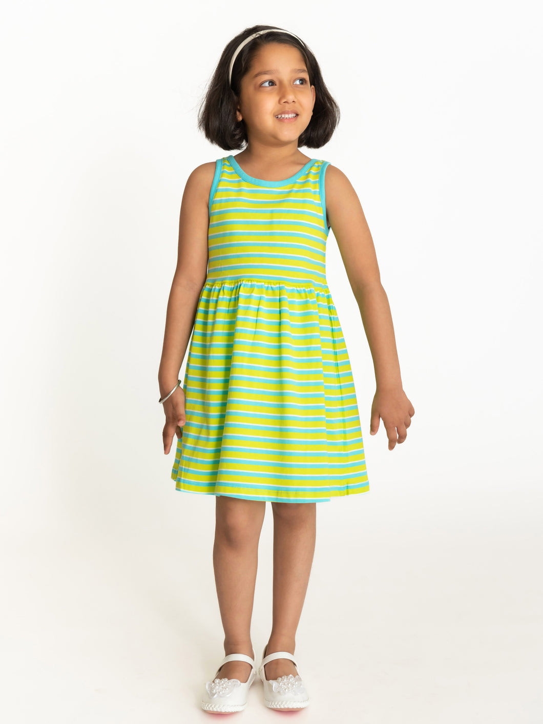 Campana Girls Grace Fit & Flare Dress - Variegated Stripes - Lime Green, Turquoise & Ivory