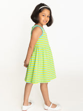 Load image into Gallery viewer, Campana Girls Grace Fit &amp; Flare Dress - Variegated Stripes - Lime Green, Turquoise &amp; Ivory

