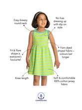 Load image into Gallery viewer, Campana Girls Grace Fit &amp; Flare Dress - Variegated Stripes - Lime Green, Turquoise &amp; Ivory
