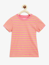 Load image into Gallery viewer, Campana Girls Alexis Striped Round Neck T-Shirt - Rose Pink &amp; Lime Green
