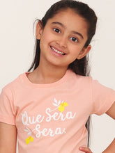 Load image into Gallery viewer, Campana Girls Zuri Half Sleeves Typography Printed T-Shirt - Peach
