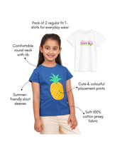 Load image into Gallery viewer, Campana Girls Zuri Pack of 2 Half Sleeves Printed Cotton T-shirts - White &amp; Purplish Blue
