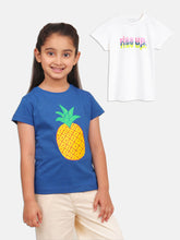 Load image into Gallery viewer, Campana Girls Zuri Pack of 2 Half Sleeves Printed Cotton T-shirts - White &amp; Purplish Blue
