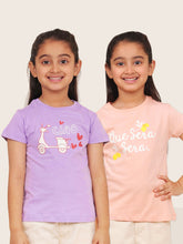 Load image into Gallery viewer, Campana Girls Zuri Pack of 2 Half Sleeves Printed Cotton T-shirts - Peach &amp; Purple
