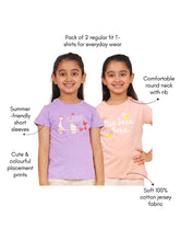 Load image into Gallery viewer, Campana Girls Zuri Pack of 2 Half Sleeves Printed Cotton T-shirts - Peach &amp; Purple
