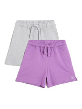 Load image into Gallery viewer, Campana Girls Simone Pack of Two Solid Cotton Terry Shorts - Grey Melange &amp; Purple
