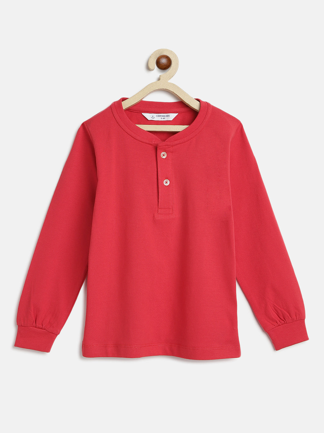 Campana Boys Alexander 100% Cotton Jersey Full Sleeves Solid Henley T-Shirt - Red