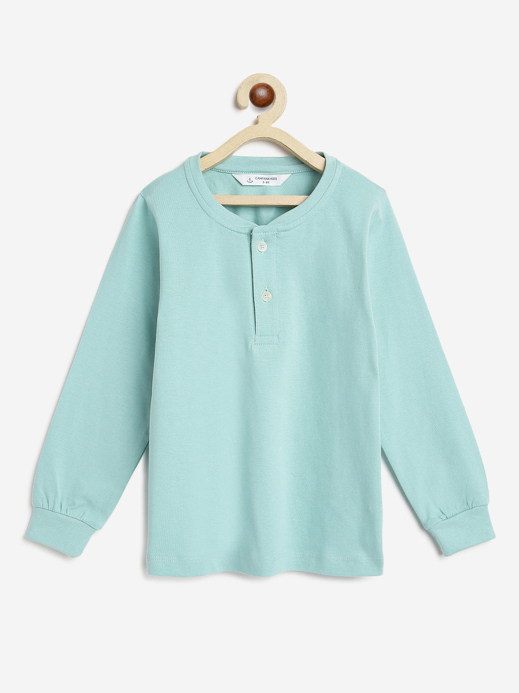 Campana Boys Alexander 100% Cotton Jersey Full Sleeves Solid Henley T-Shirt - Ocean Blue