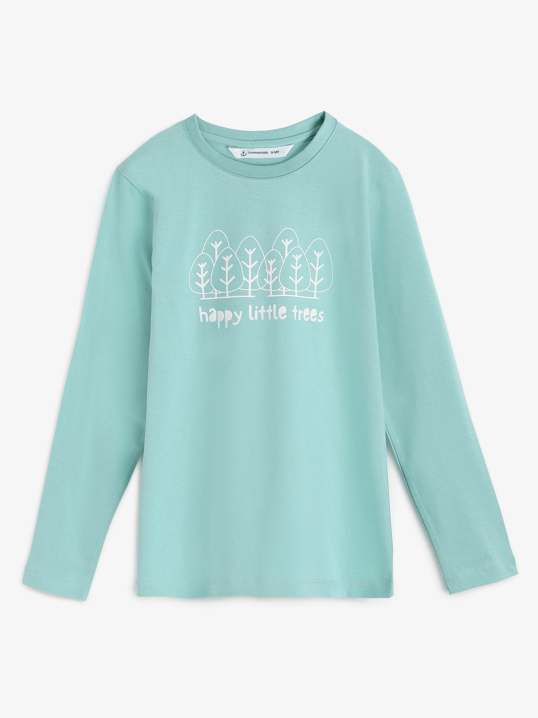 Campana Girls Skye Full Sleeves T-Shirt - Happy Trees Print - Ocean Blue