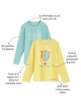 Load image into Gallery viewer, Campana Girls Skye Pack of 2 Full Sleeves T-shirts - Conversational Print - Lemon Yellow &amp; Ocean Blue
