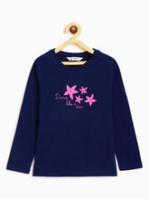 Load image into Gallery viewer, Campana Girls Pure Cotton Full Sleeves Dancing Stars Print T-Shirt - Navy Blue
