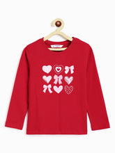 Load image into Gallery viewer, Campana Girls Pure Cotton Full Sleeves Bows &amp; Hearts Print T-Shirt - Red

