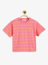 Load image into Gallery viewer, Campana Girls Alexis Half Sleeves Striped Drop Shoulder T-shirt with Embroidery - Pink &amp; Yellow
