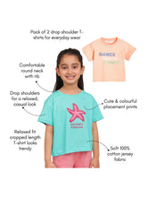 Load image into Gallery viewer, Campana Girls Zuri Pack of 2 Drop Shoulder Half Sleeves Printed Cotton T-shirts - Turquoise &amp; Peach
