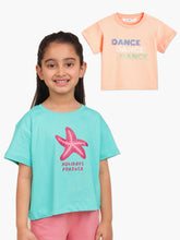 Load image into Gallery viewer, Campana Girls Zuri Pack of 2 Drop Shoulder Half Sleeves Printed Cotton T-shirts - Turquoise &amp; Peach

