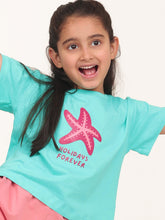 Load image into Gallery viewer, Campana Girls Zuri Pack of 2 Drop Shoulder Half Sleeves Printed Cotton T-shirts - Turquoise &amp; Peach
