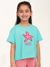 Load image into Gallery viewer, Campana Girls Zuri Pack of 2 Drop Shoulder Half Sleeves Printed Cotton T-shirts - Turquoise &amp; Peach
