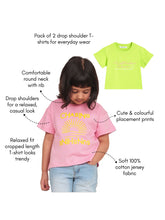 Load image into Gallery viewer, Campana Girls Zuri Pack of 2 Drop Shoulder Half Sleeves Printed Cotton T-shirts - Pink &amp; Lime Green
