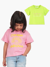 Load image into Gallery viewer, Campana Girls Zuri Pack of 2 Drop Shoulder Half Sleeves Printed Cotton T-shirts - Pink &amp; Lime Green
