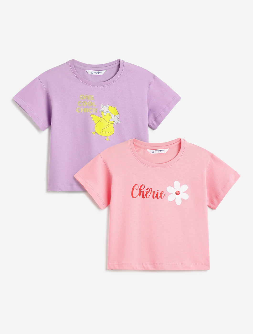 Campana Girls Zuri Pack of 2 Drop Shoulder Printed Cotton T-shirts - Pink & Purple