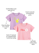 Load image into Gallery viewer, Campana Girls Zuri Pack of 2 Drop Shoulder Printed Cotton T-shirts - Pink &amp; Purple
