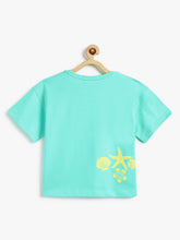 Load image into Gallery viewer, Campana Girls Pure Cotton Drop Shoulder Seashells Print T-Shirt - Aqua Blue
