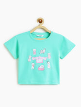 Load image into Gallery viewer, Campana Girls Pure Cotton Drop Shoulder Busy Me Print T-Shirt - Aqua Blue
