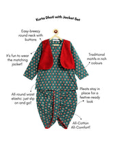 Load image into Gallery viewer, Campana Boys Mahiya Cotton Dhoti Kurta with Jacket Set - Floral Print - Teal Green &amp; Maroon
