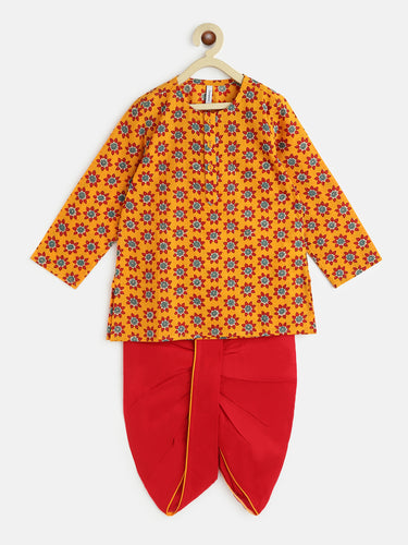 Campana Boys Bansi Dhoti Kurta Set - Flower Doodle Print - Mustard & Maroon