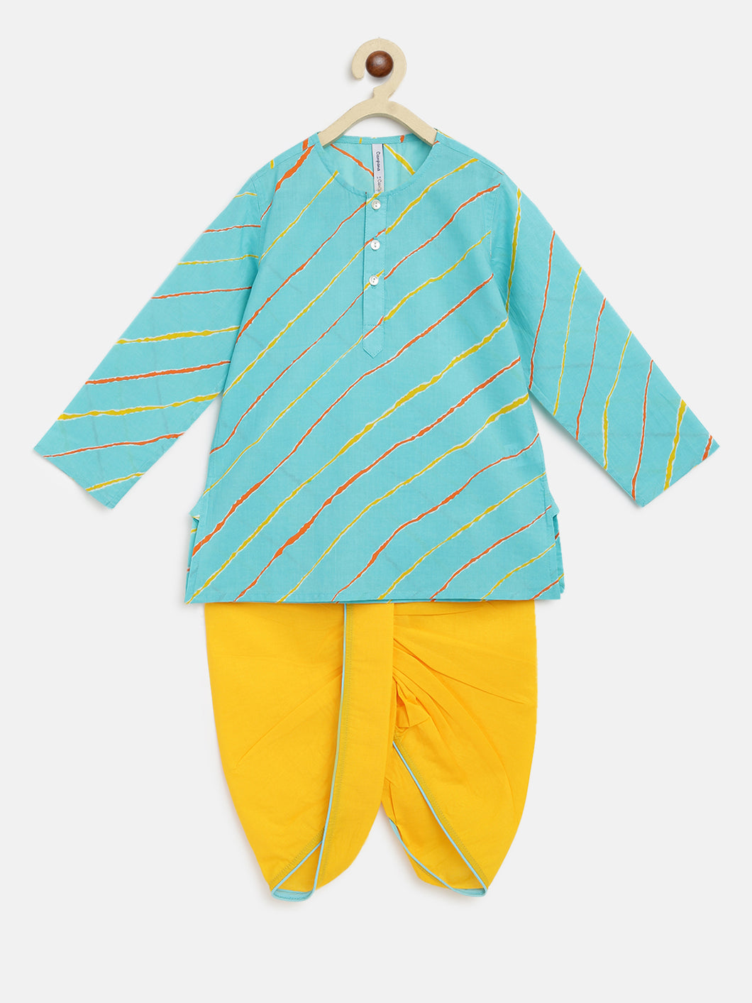 Campana Boys Bansi Dhoti Kurta Set - Leheriya Print - Blue & Yellow