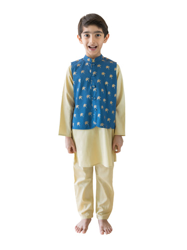 Campana Boys Kurta Pyjama & Jacket Set - Gold & Blue (CK21719)