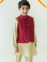 Load image into Gallery viewer, Campana Boys Kurta Pyjama &amp; Jacket Set - Gold &amp; Red
