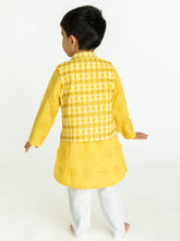 Load image into Gallery viewer, Campana Boys Nishant Kurta Set with Jacket - Geometric Print - Yellow and White
