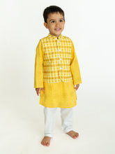 Load image into Gallery viewer, Campana Boys Nishant Kurta Set with Jacket - Geometric Print - Yellow and White
