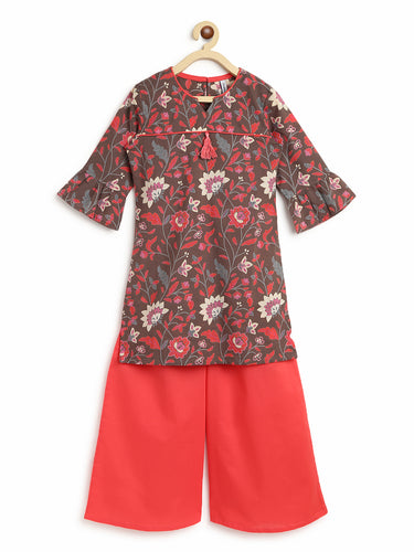 Campana Girls Anusuya Kurta-Palazzo Set - Floral Print - Brown and Peach