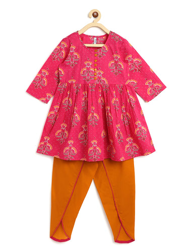 Campana Girls Sanah Dhoti Set - Bold Flower Print - Magenta & Mustard
