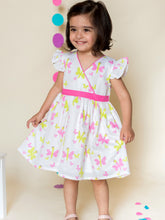 Load image into Gallery viewer, Campana Girls Butterfly Print Crossover Dress - White, Pink Dress, Frock, Butterfly Print Dress, White Dress, Summer Dress
