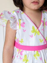 Load image into Gallery viewer, Campana Girls Butterfly Print Crossover Dress - White, Pink Dress, Frock, Butterfly Print Dress, White Dress, Summer Dress
