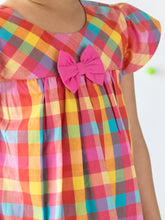 Load image into Gallery viewer, Campana Girls Suzy Dress with Bow - Rainbow Check Print - Multicolour
