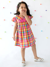 Load image into Gallery viewer, Campana Girls Suzy Dress with Bow - Rainbow Check Print - Multicolour
