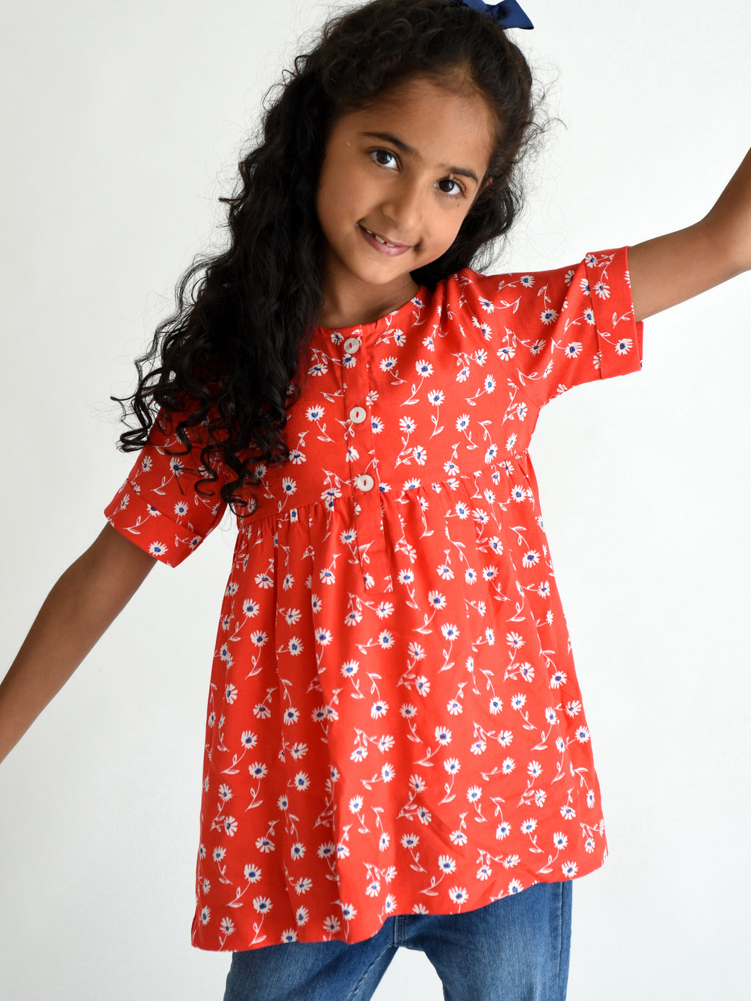 Campana Girls Lottie Flared Top - Happy Flower Print - Red & White