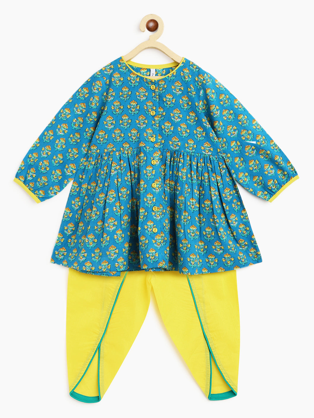 Campana Girls Asmi Dhoti Set - Plant Print - Aqua Blue and Lemon Yellow
