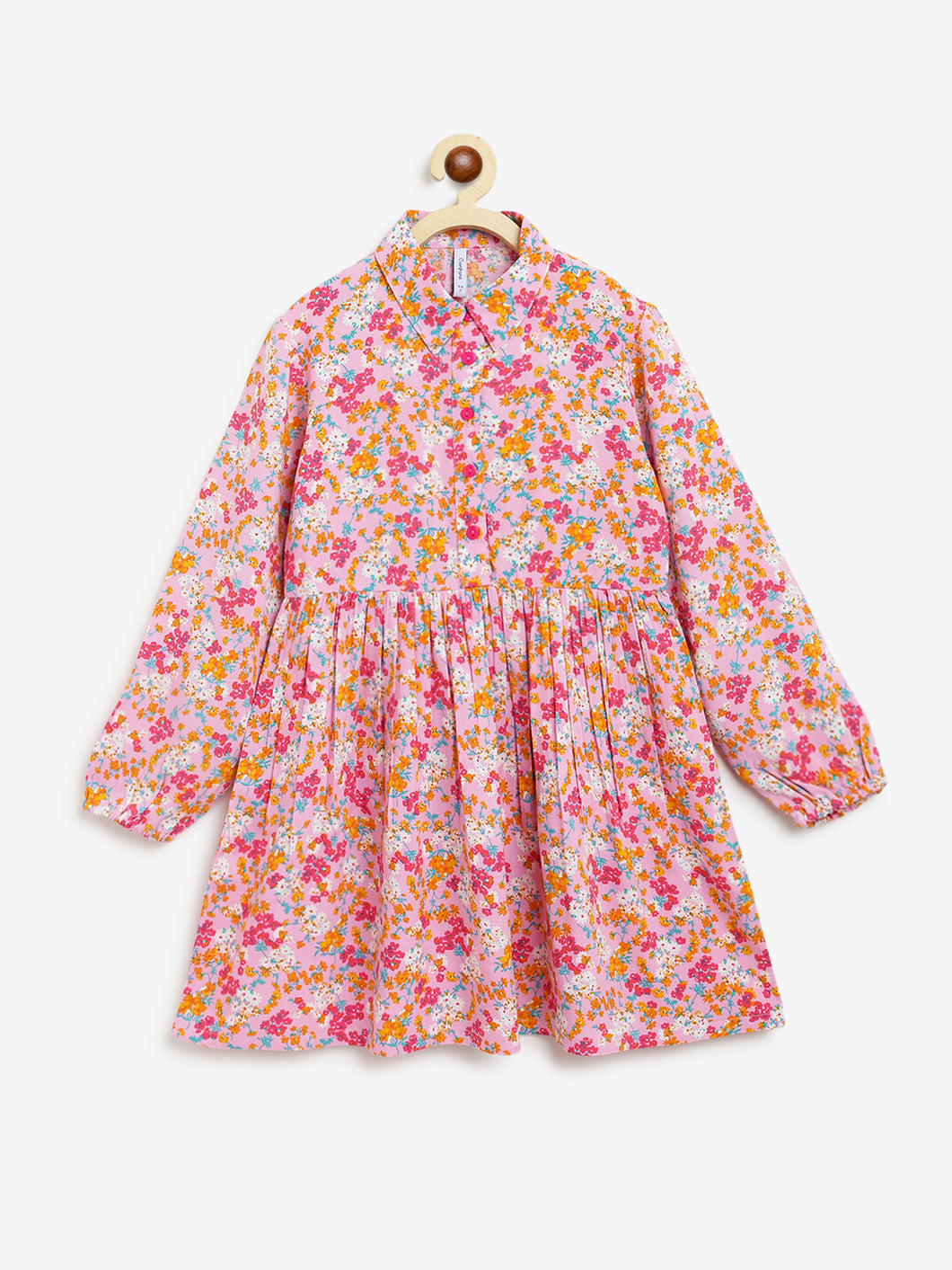 Campana Girls Ava Button Down Dress - Flower Cluster Print - Pink & Multicolour