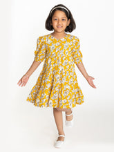 Load image into Gallery viewer, Campana Girls Naomi Short Sleeve Tiered Dress - Flower Sketch Print - Yellow
