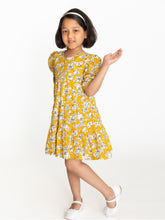 Load image into Gallery viewer, Campana Girls Naomi Short Sleeve Tiered Dress - Flower Sketch Print - Yellow
