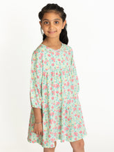 Load image into Gallery viewer, Campana Girls Zoya Flared Dress - Petit Flower Print - Sea Green &amp; Pink
