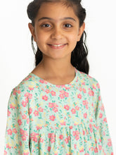 Load image into Gallery viewer, Campana Girls Zoya Flared Dress - Petit Flower Print - Sea Green &amp; Pink
