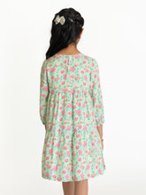 Load image into Gallery viewer, Campana Girls Zoya Flared Dress - Petit Flower Print - Sea Green &amp; Pink

