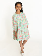 Load image into Gallery viewer, Campana Girls Zoya Flared Dress - Petit Flower Print - Sea Green &amp; Pink

